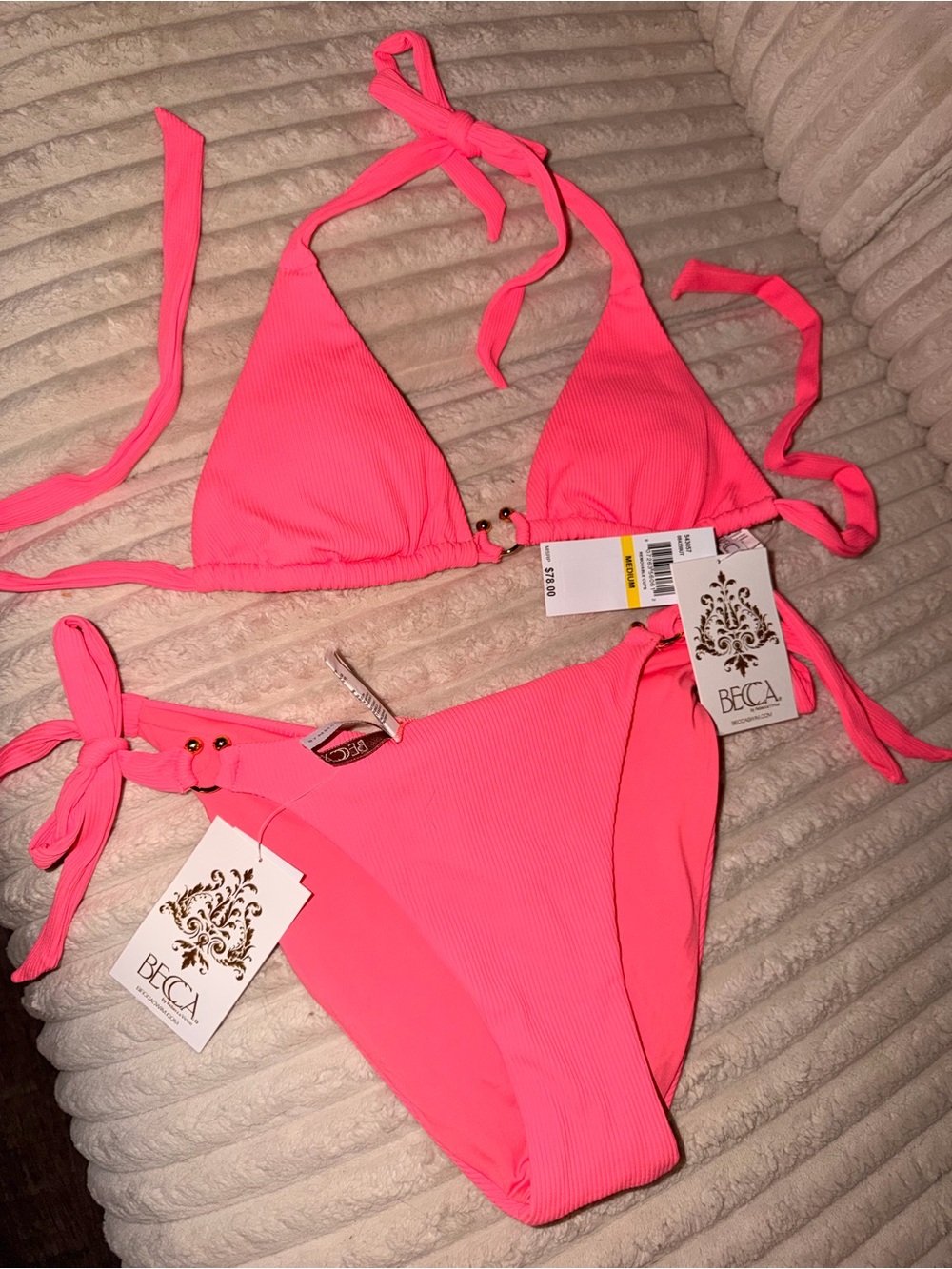 BECCA Hot Pink Ribbed Triangle Bikini with Gold Accents